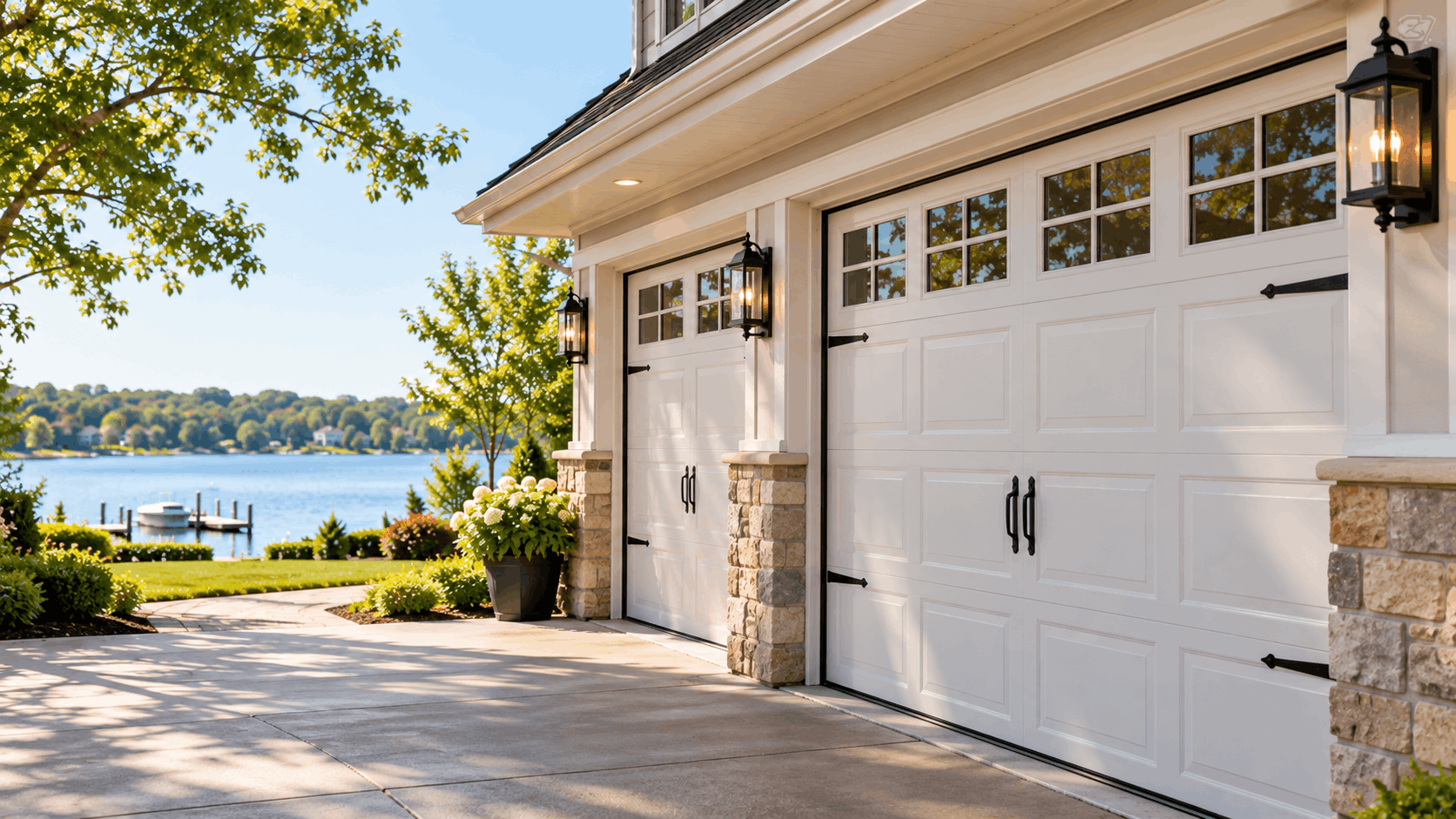 White carriage-style garage doors on luxury Lake Forest lakefront home with stone accents