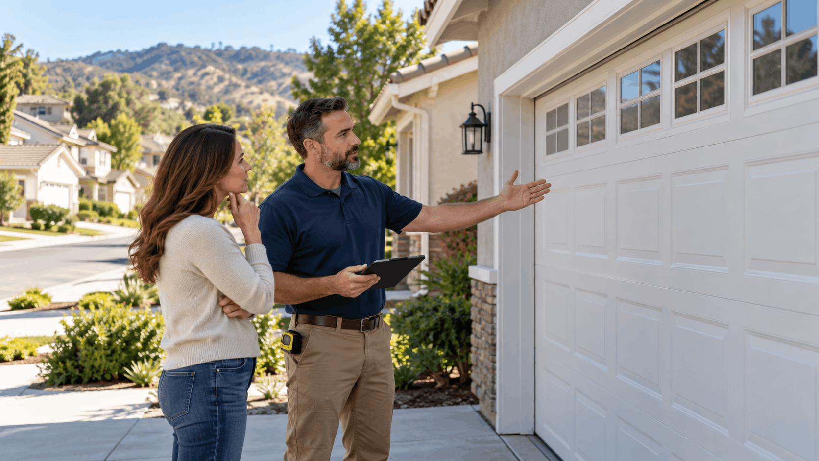 Garage door technician with tablet explaining repairs to homeowner in suburban driveway