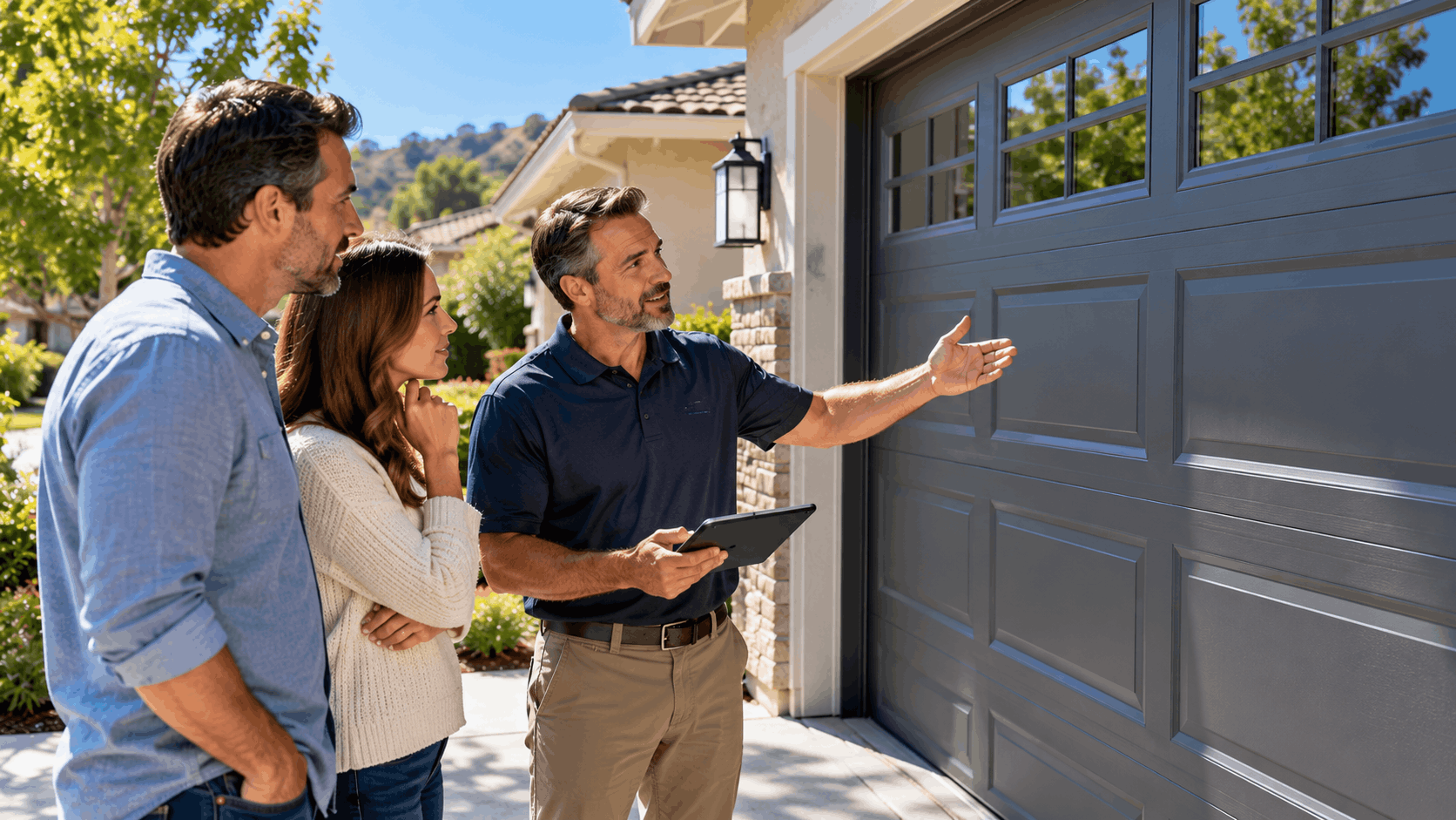 Garage door technician explaining safety inspection to homeowners outside Irvine residential property