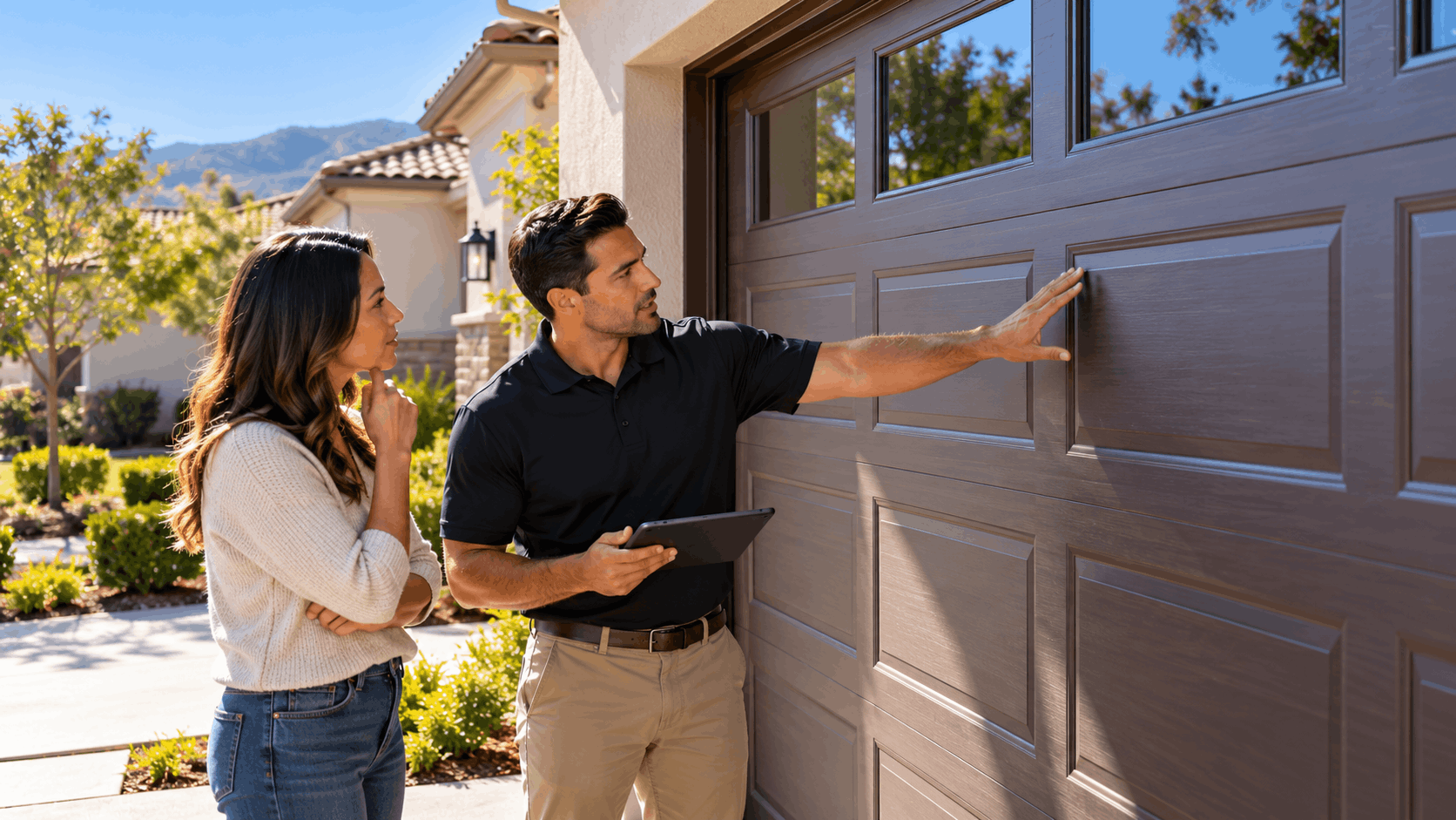 Garage door technician inspecting residential brown garage door with Irvine homeowner