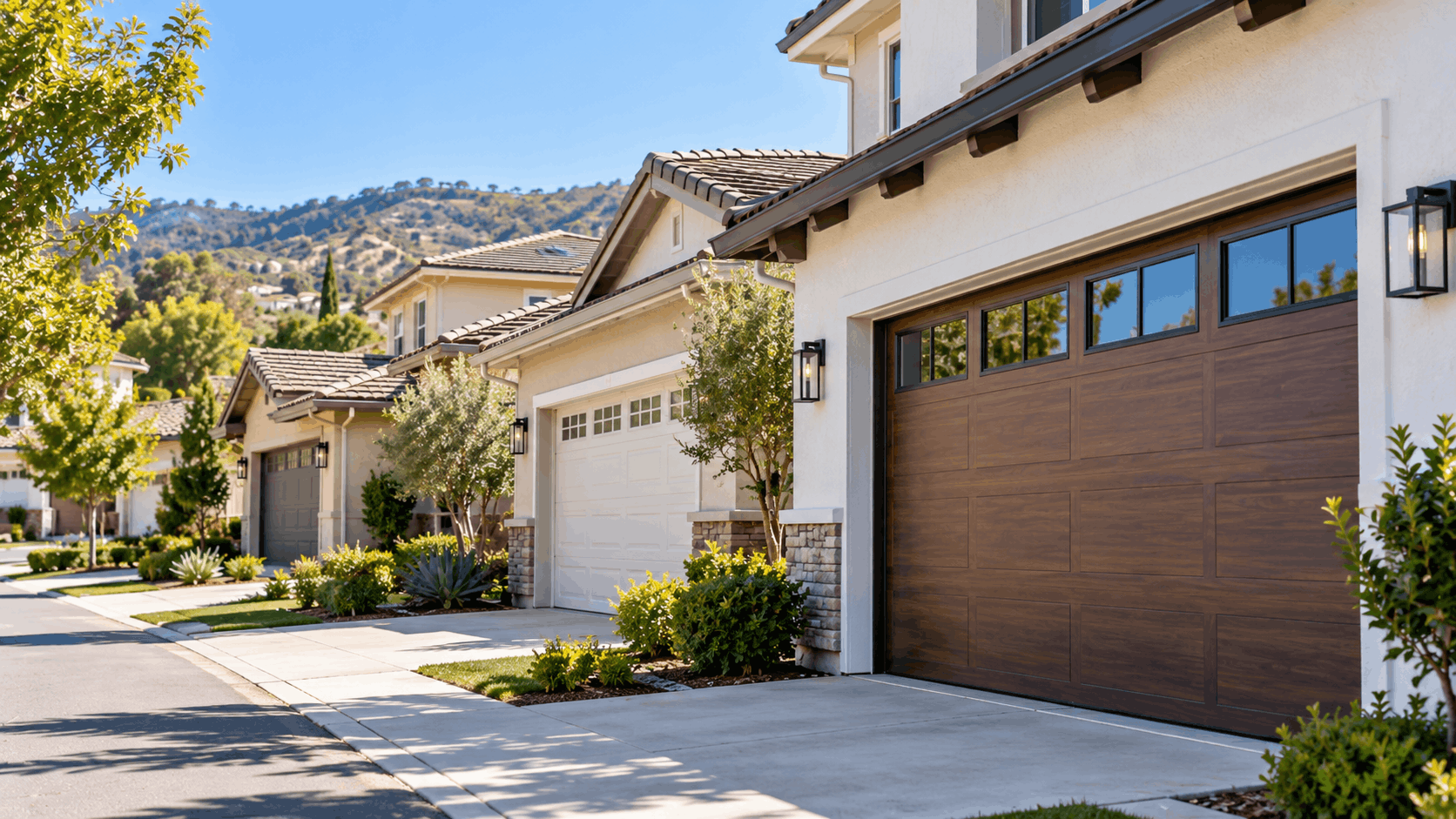 Suburban El Toro neighborhood homes featuring wood-grain and white garage doors