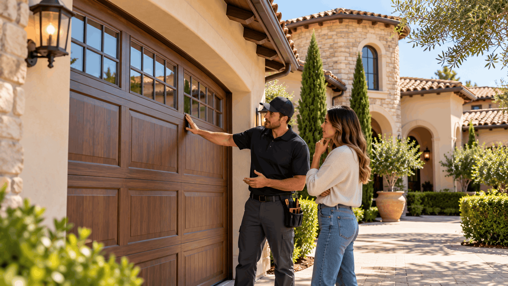 Garage door technician inspecting wood panel door with Tustin Ranch homeowner outside Mediterranean home