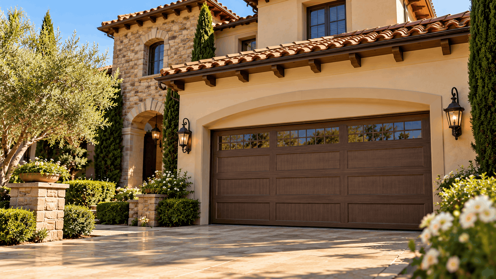 Insulated wood-grain garage door on two-story Mediterranean Irvine home with stone accents