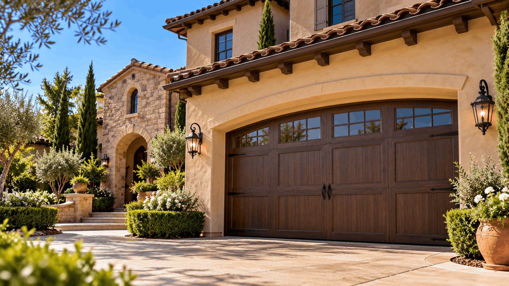 Tuscan-style Irvine home featuring wooden garage door with decorative windows and ironwork