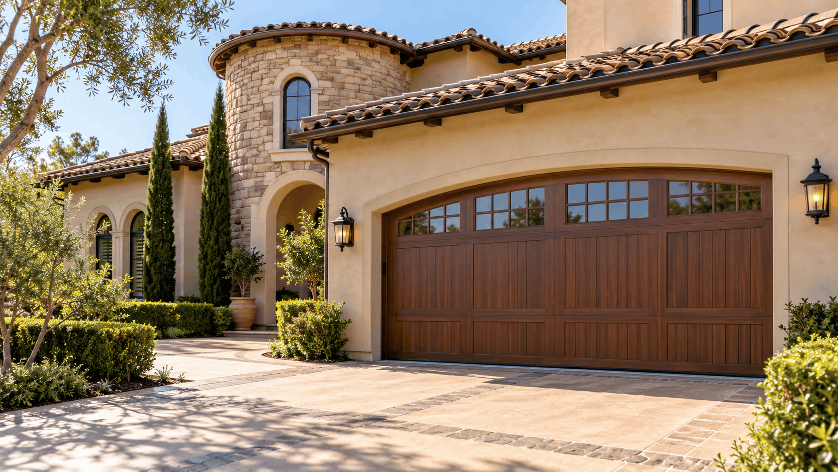 Mediterranean-style Irvine home featuring elegant wood garage door with window panels