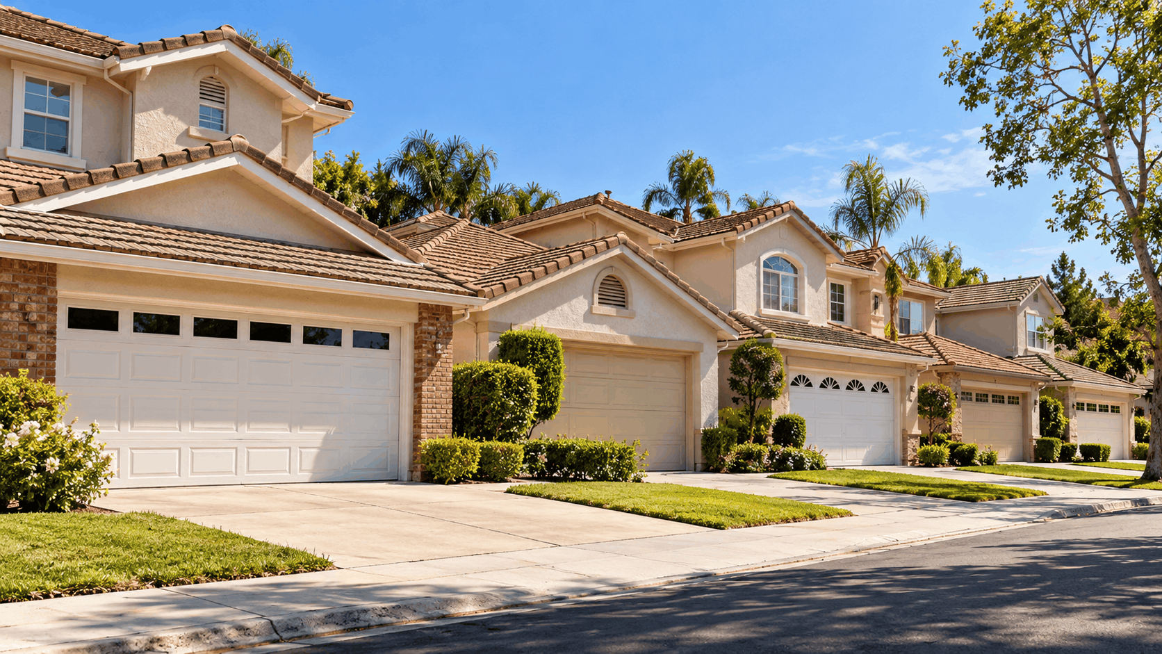 Row of beige stucco Irvine homes with white garage doors and tile roofs