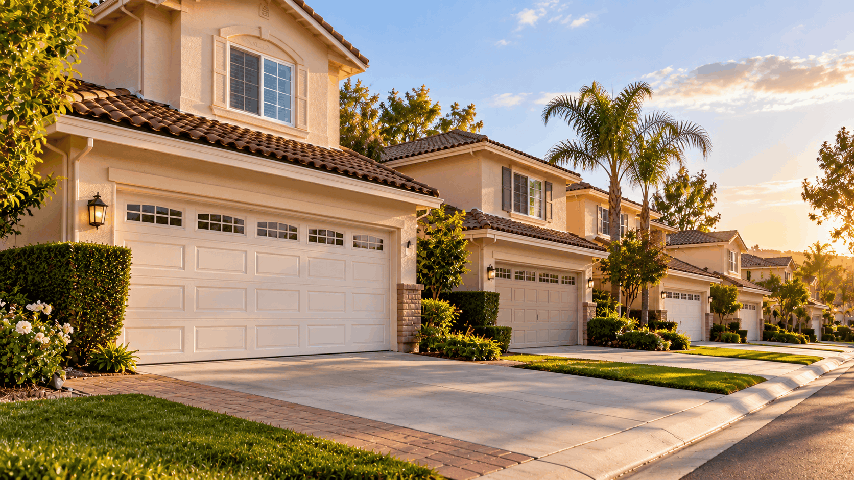 Irvine Mission Revival homes with matching white garage doors and terracotta tile roofs