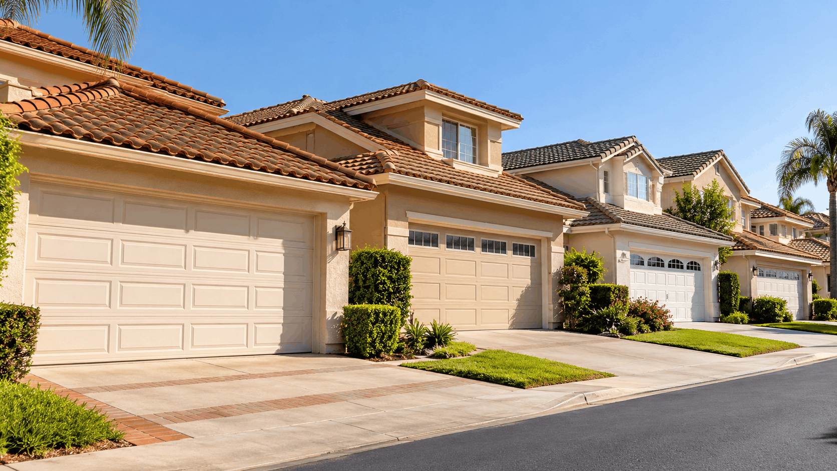 Irvine residential street with matching beige stucco homes and white garage doors