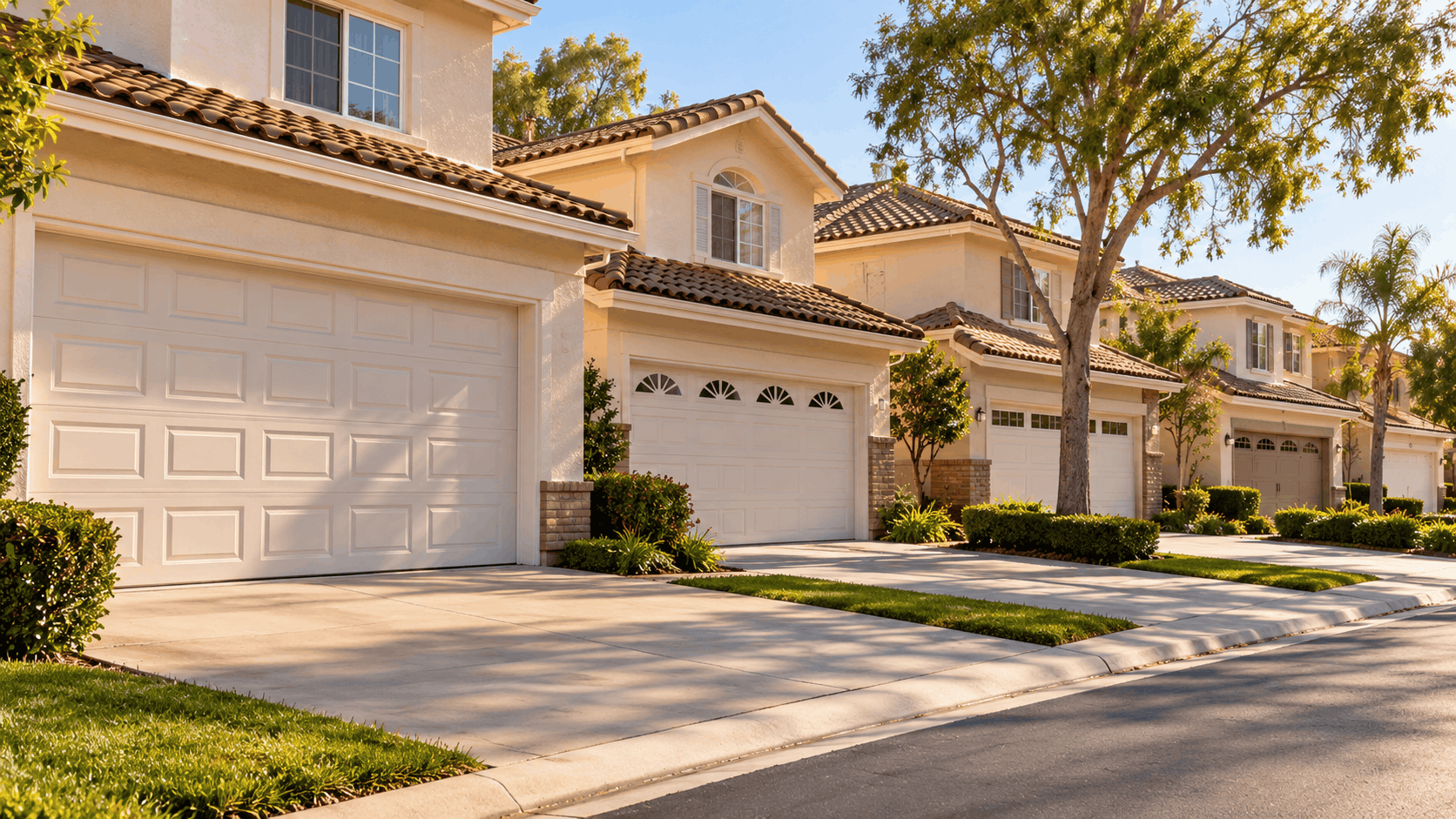 Tustin Ranch suburban homes with white garage doors and tile roofs