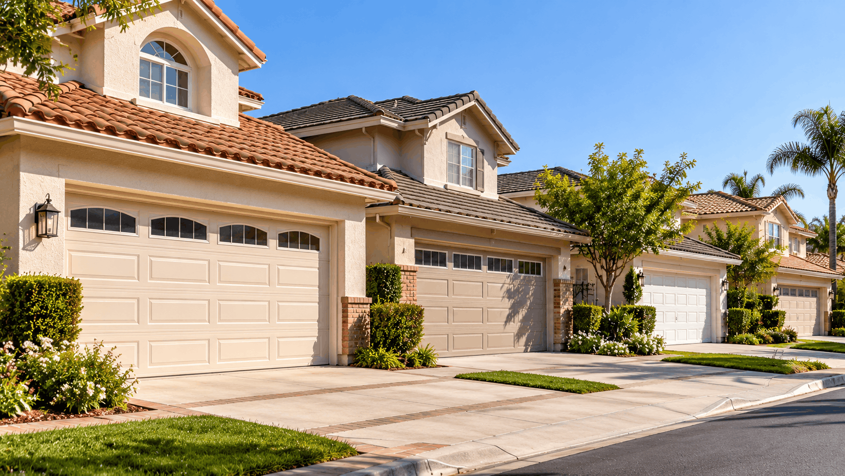 Tustin Ranch suburban homes with beige garage doors and terracotta tile roofs