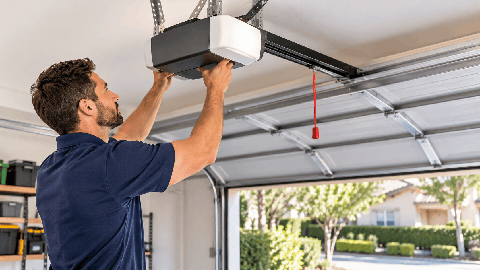 Technician installing garage door opener motor unit on ceiling track system