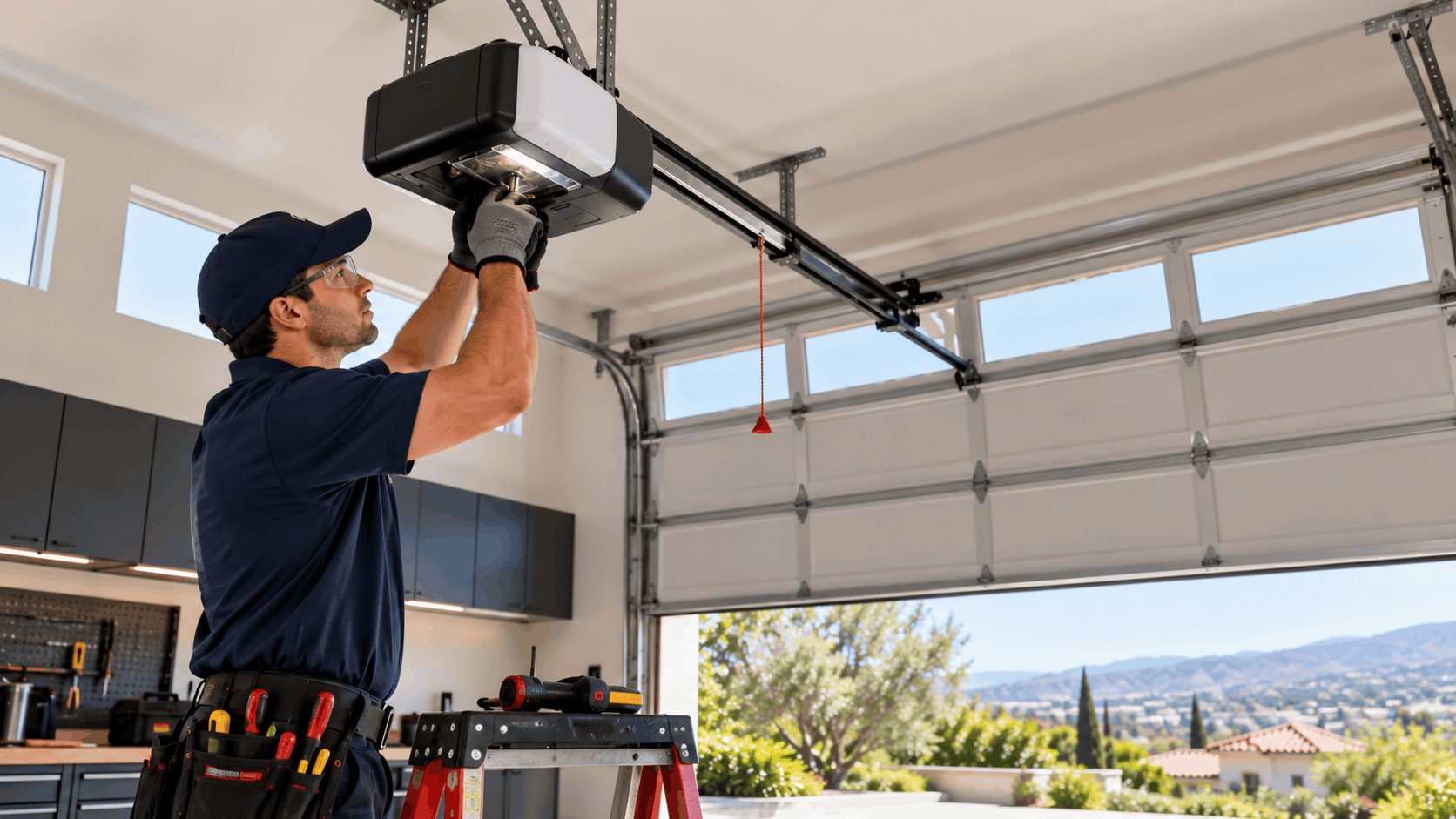 Technician installing battery backup garage door opener unit in Irvine home