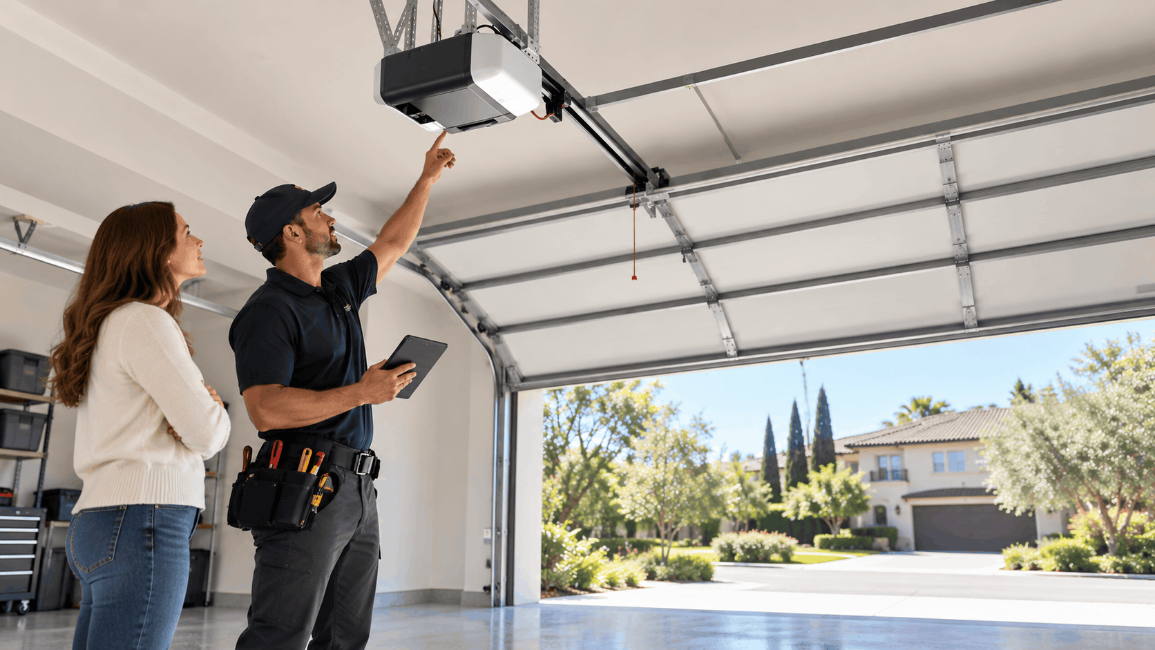 Garage door technician explaining opener mechanism to Irvine homeowner in modern garage