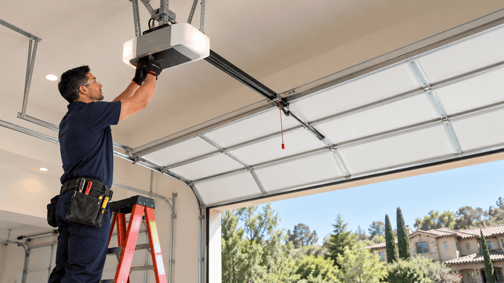 Technician installing garage door opener on ladder in Irvine Orange County home