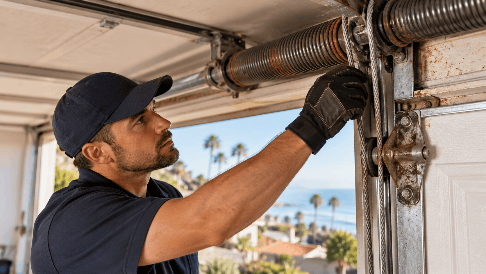 Garage door technician repairing torsion springs and cables in Irvine coastal home
