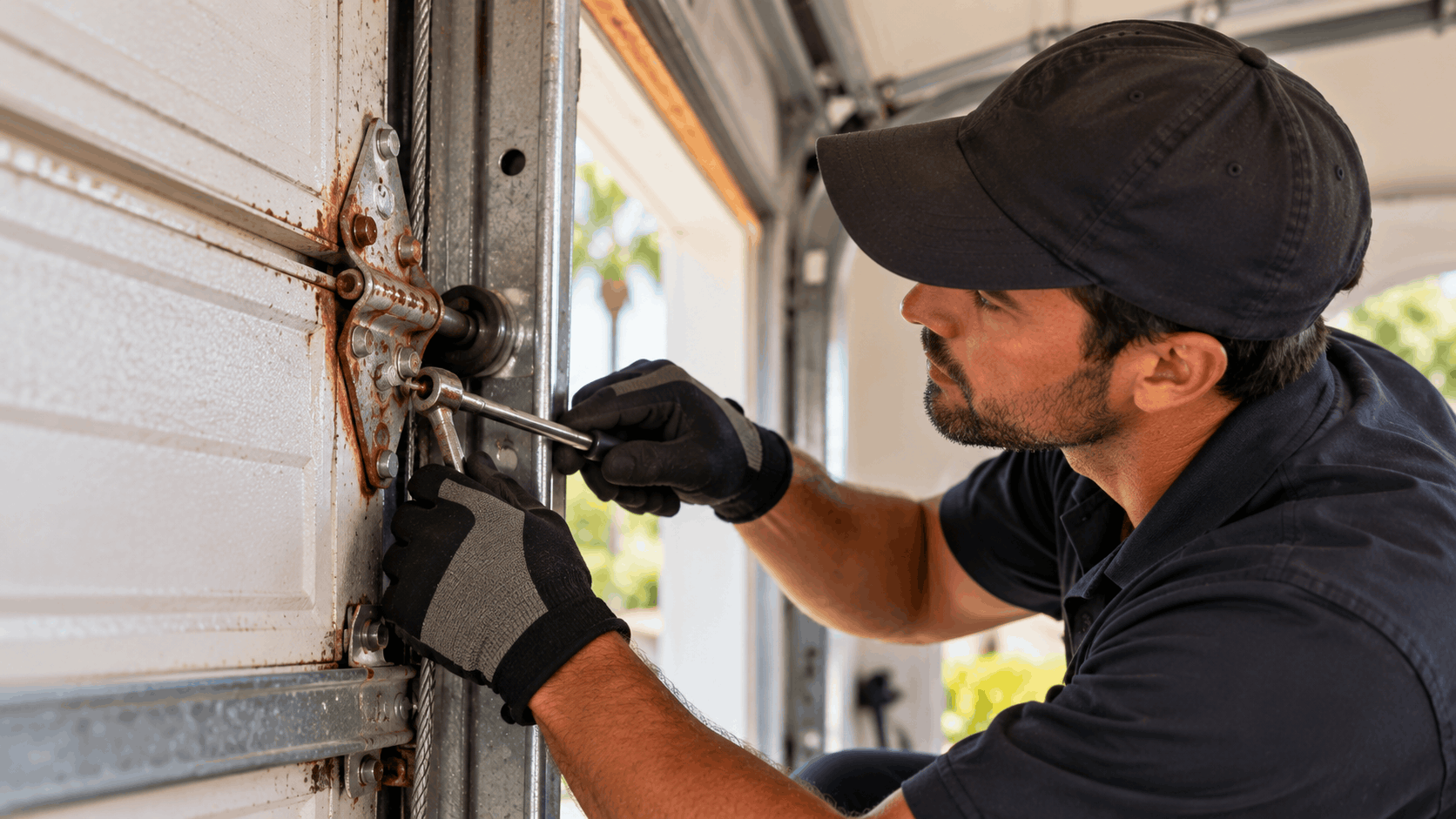 Technician inspecting and tightening rusty garage door hinge hardware with screwdriver