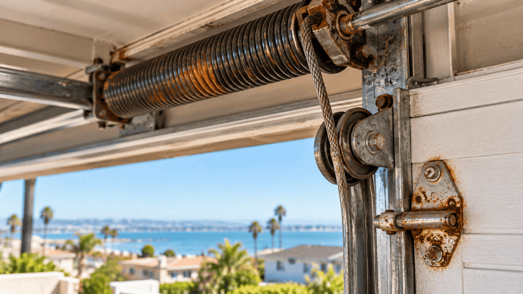 Rusty corroded garage door spring and cable hardware with coastal ocean view background
