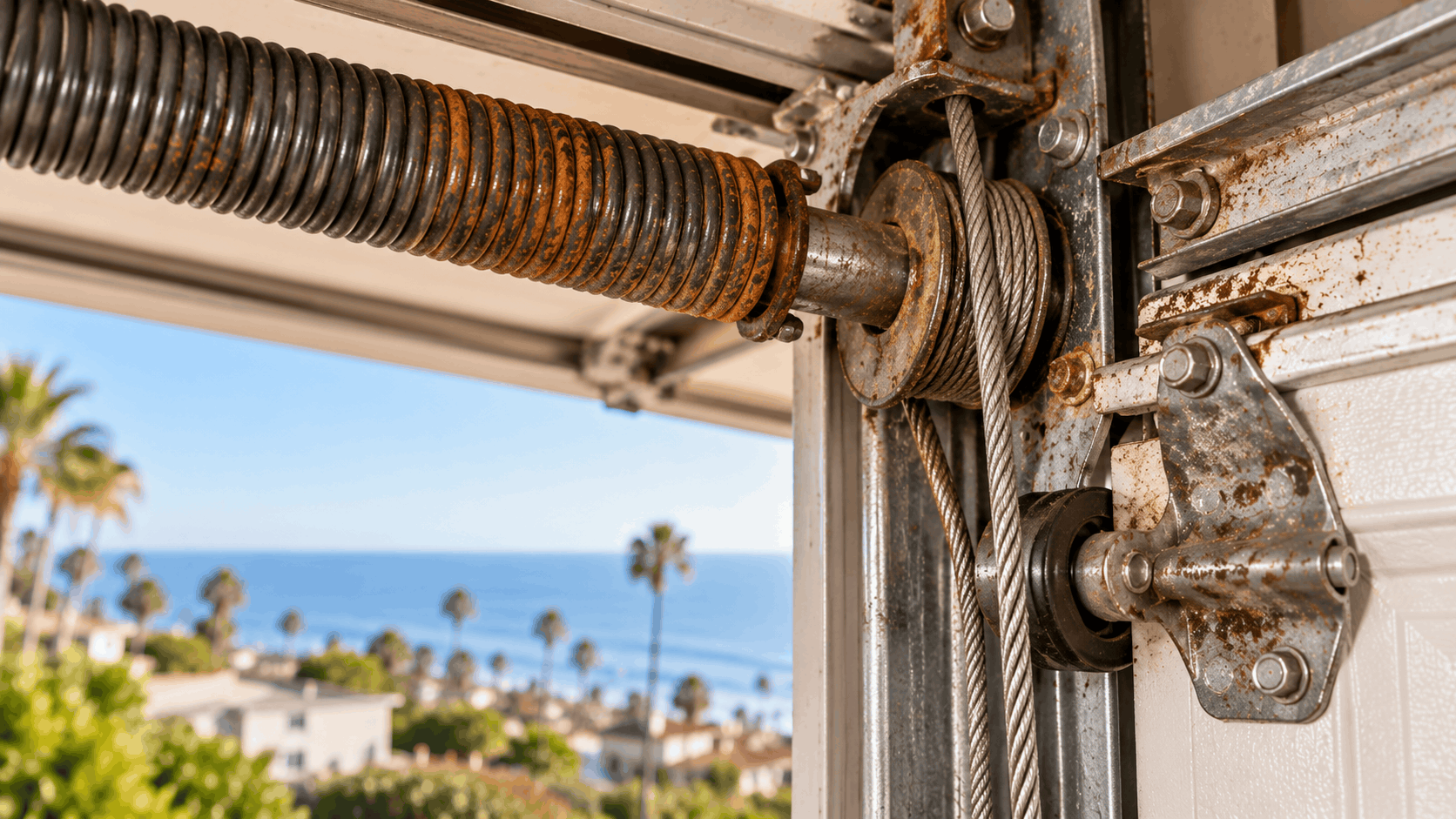 Rusty corroded garage door torsion spring and cable drum near ocean coastline