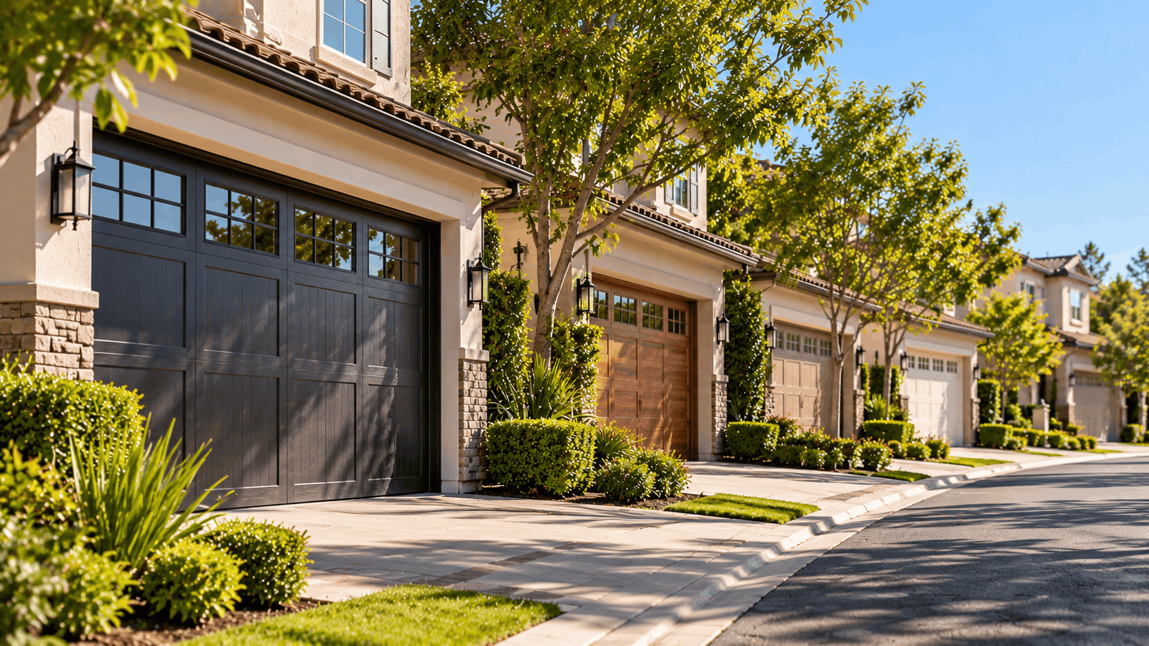 Northwood Irvine residential street showcasing varied garage door styles and designs