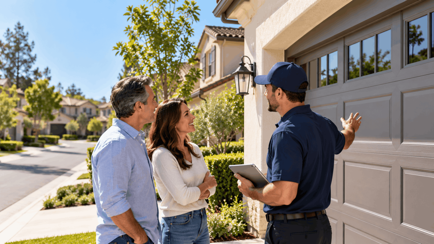 Garage door technician consulting with homeowners about installation options in Irvine neighborhood