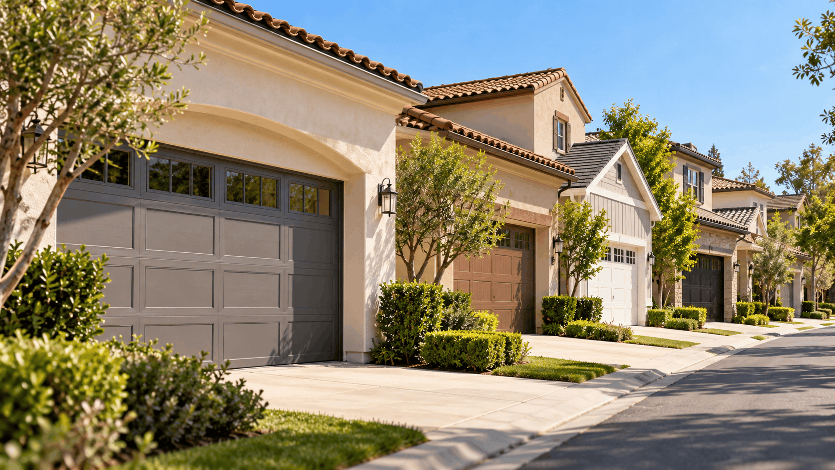 Northwood Irvine neighborhood homes featuring varied garage doors and manicured landscaping