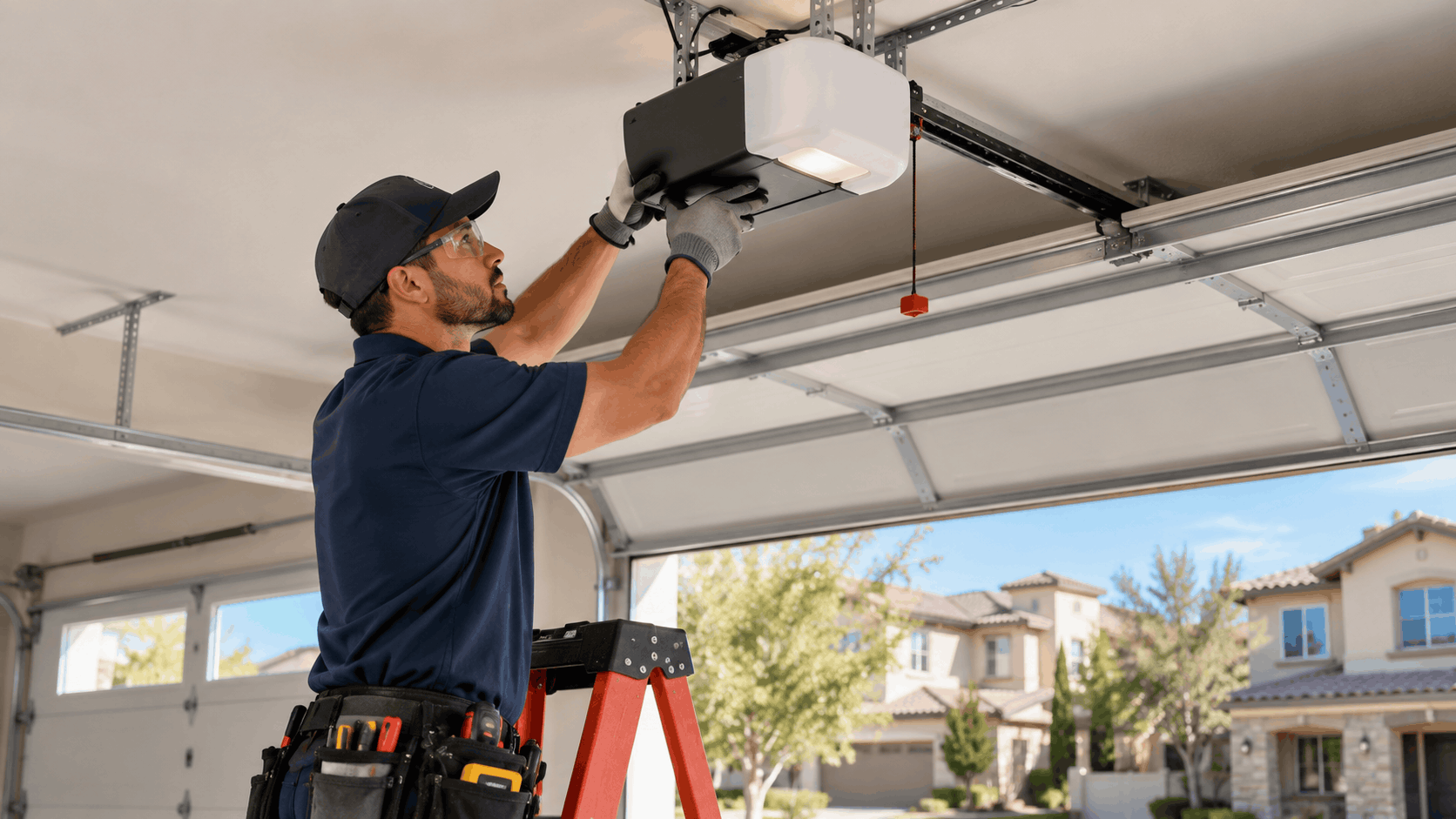 Technician installing garage door opener on ladder in suburban Irvine two-story home