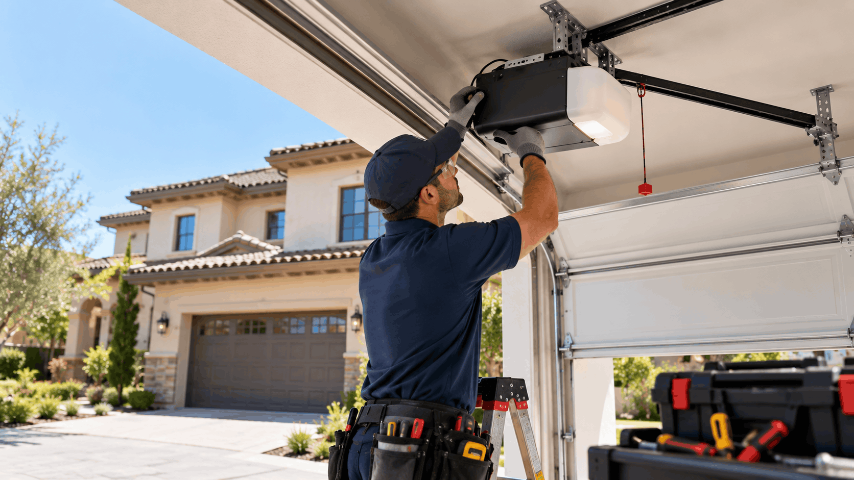 Garage door technician installing battery backup opener unit on ladder at luxury home