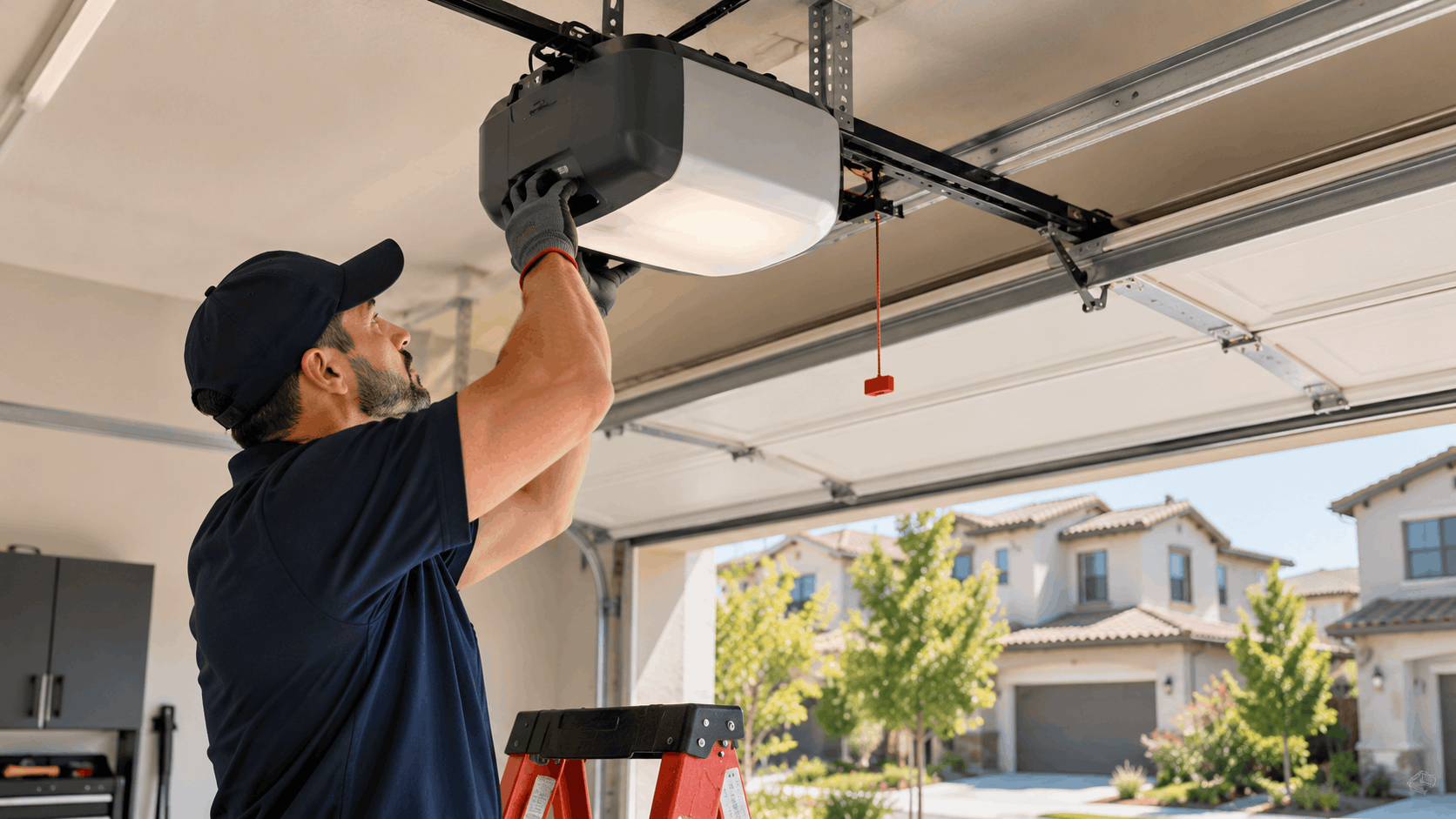 Technician installing garage door opener on ladder in Portola Springs Irvine home