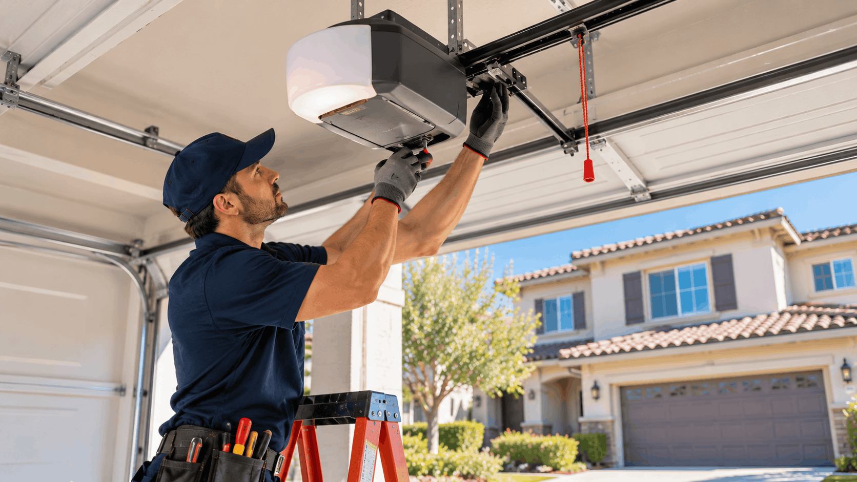 Technician repairing garage door opener motor unit on red ladder in Irvine
