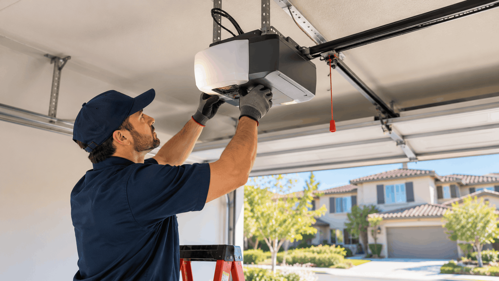 Technician installing garage door opener on ladder in Portola Springs Irvine home