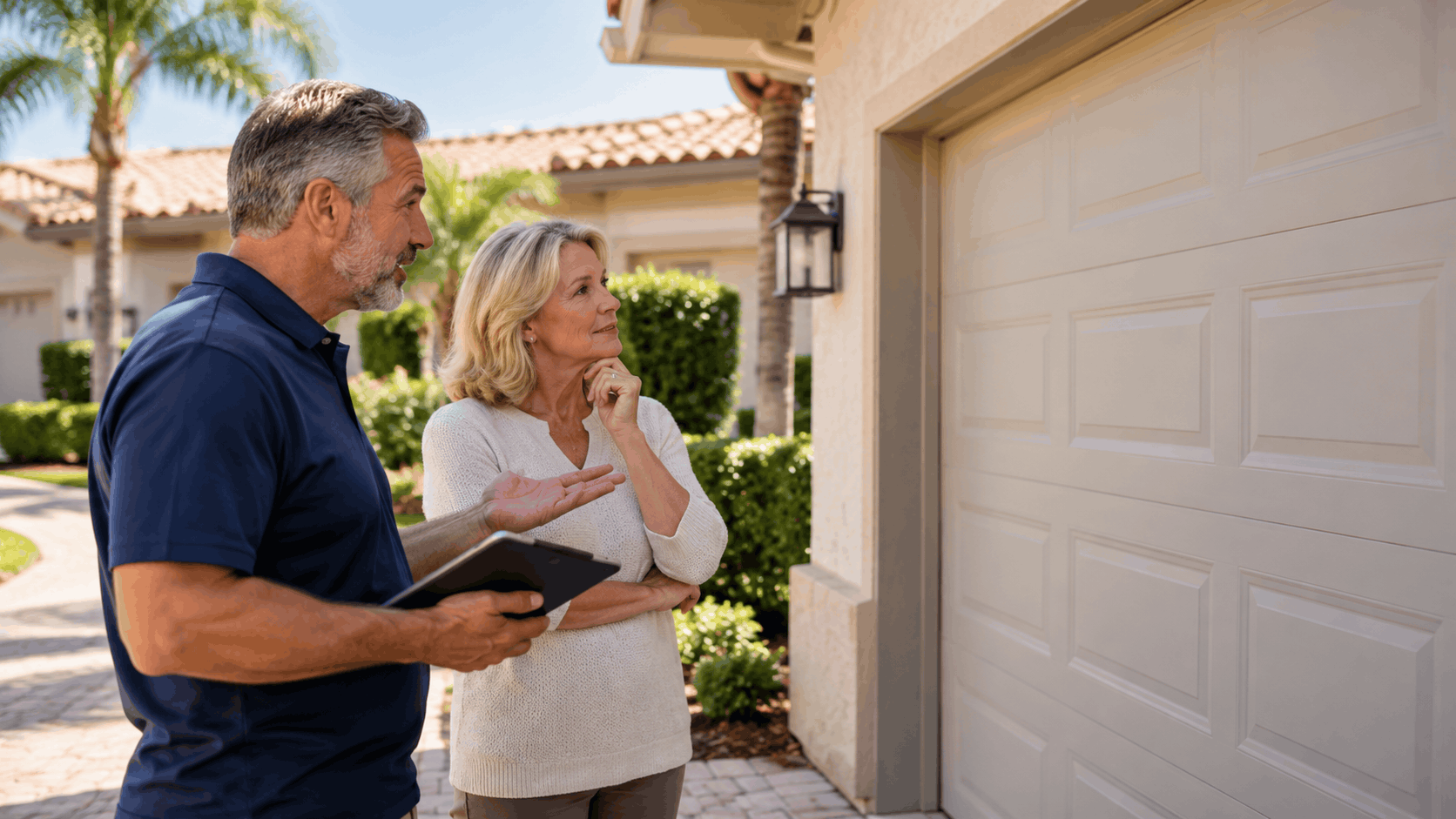 Homeowner discussing urgent garage door repair with technician holding tablet outside Irvine condo