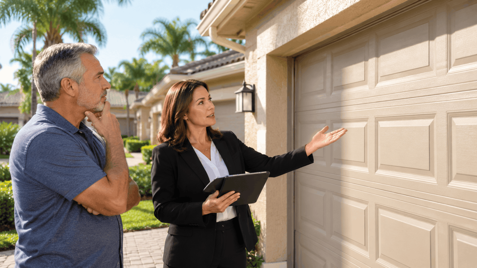 Real estate agent explaining garage door architectural approval to Irvine homeowner outside