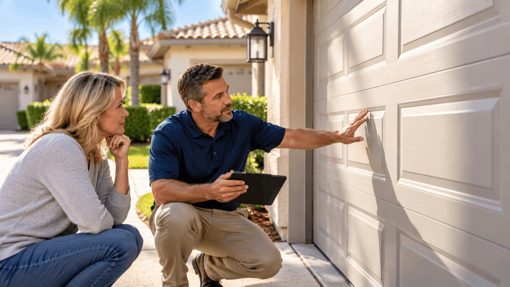 Garage door technician inspecting panel damage with Irvine homeowner holding tablet