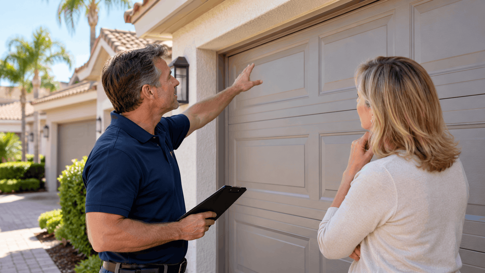 Garage door technician inspecting condo garage door with Irvine homeowner holding clipboard