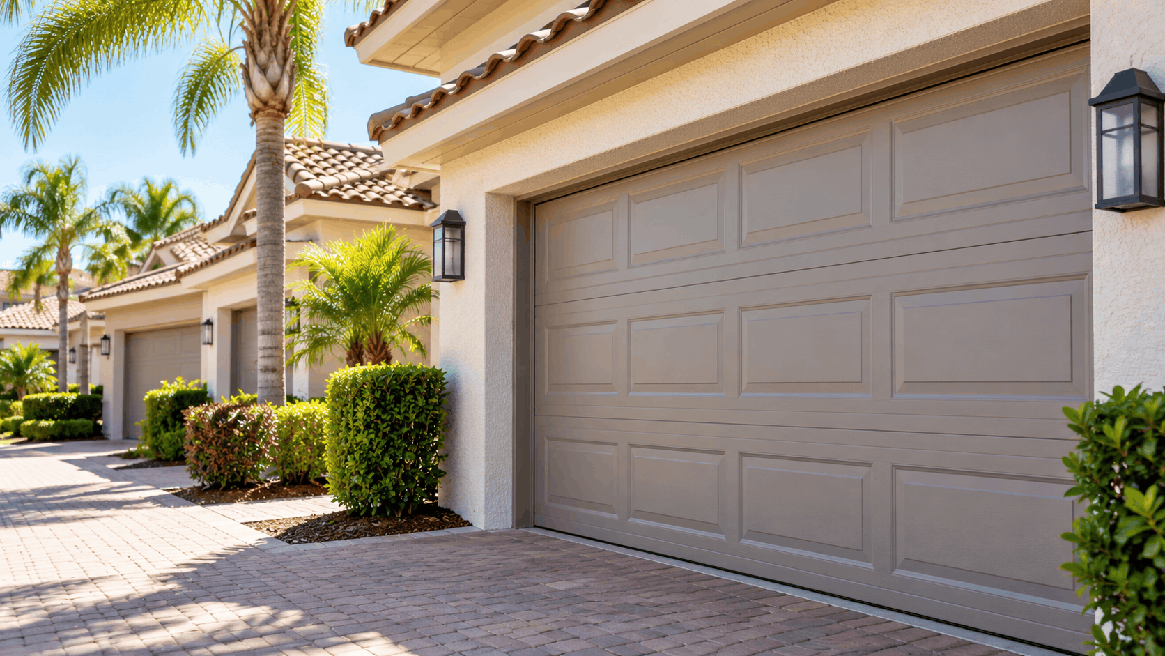 Beige sectional garage door on stucco home with palm trees in Irvine