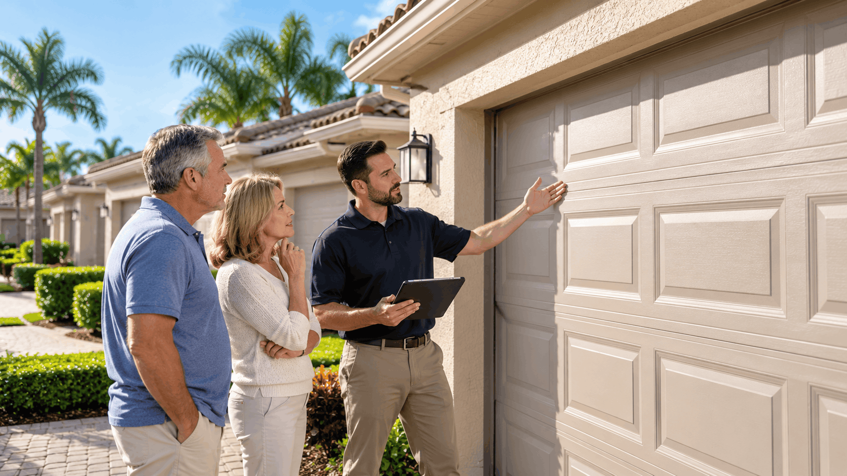 Garage door technician inspecting panel with homeowners at Florida residential property