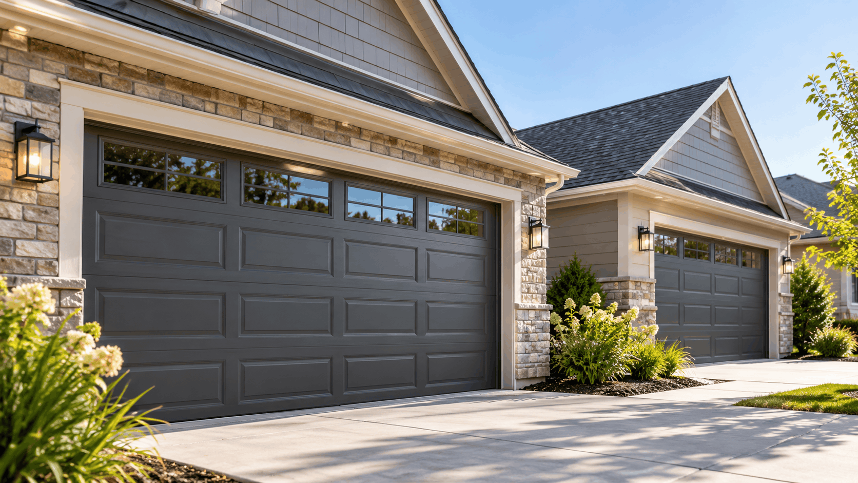Modern gray garage doors with windows on stone-accented homes in Oak Creek