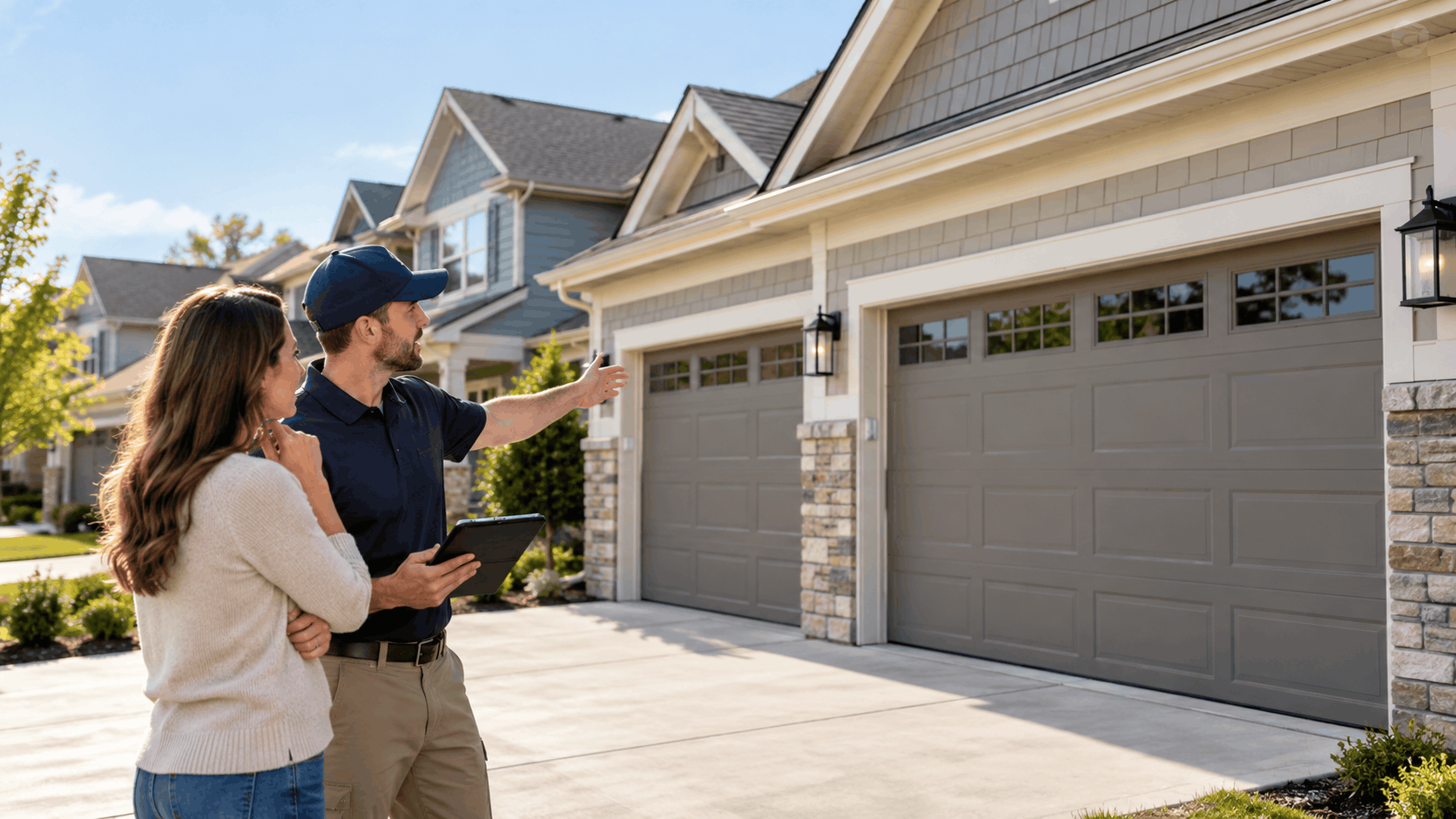 Garage door technician pointing at matching tan garage doors on Irvine home exterior