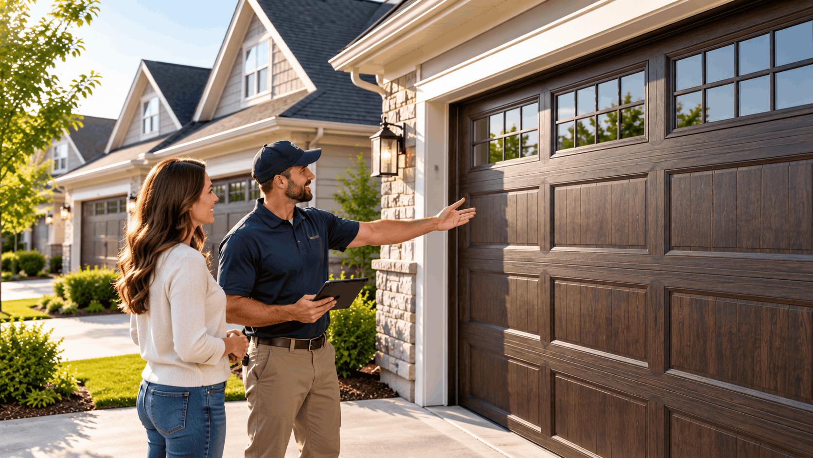 Garage door technician inspecting wooden carriage-style door with homeowner in Irvine