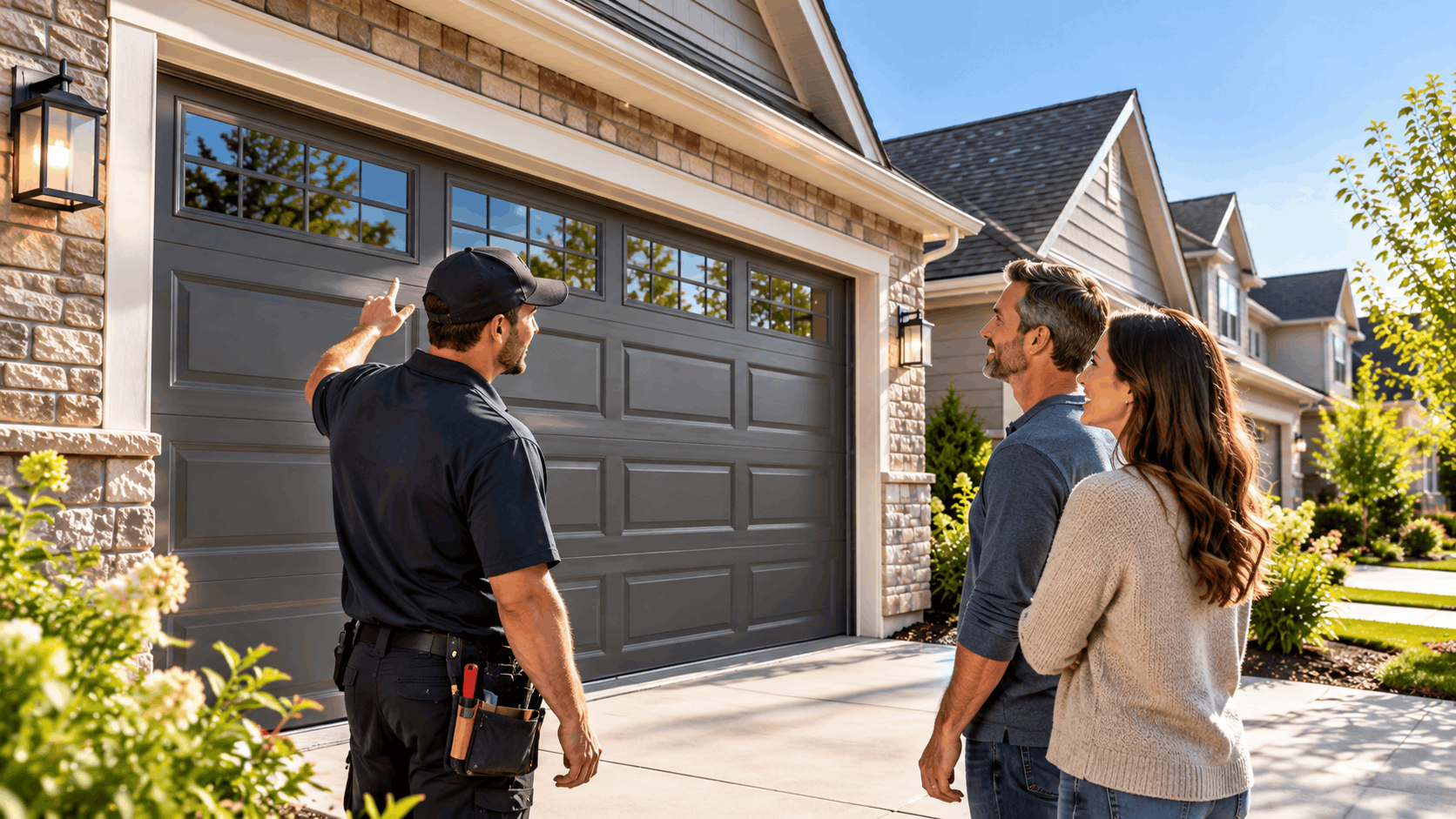 Garage door technician explaining new installation safety features to homeowners in Irvine