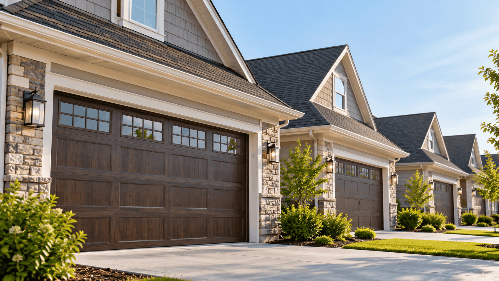 Craftsman-style homes with brown wood-grain garage doors in Oak Creek Irvine neighborhood