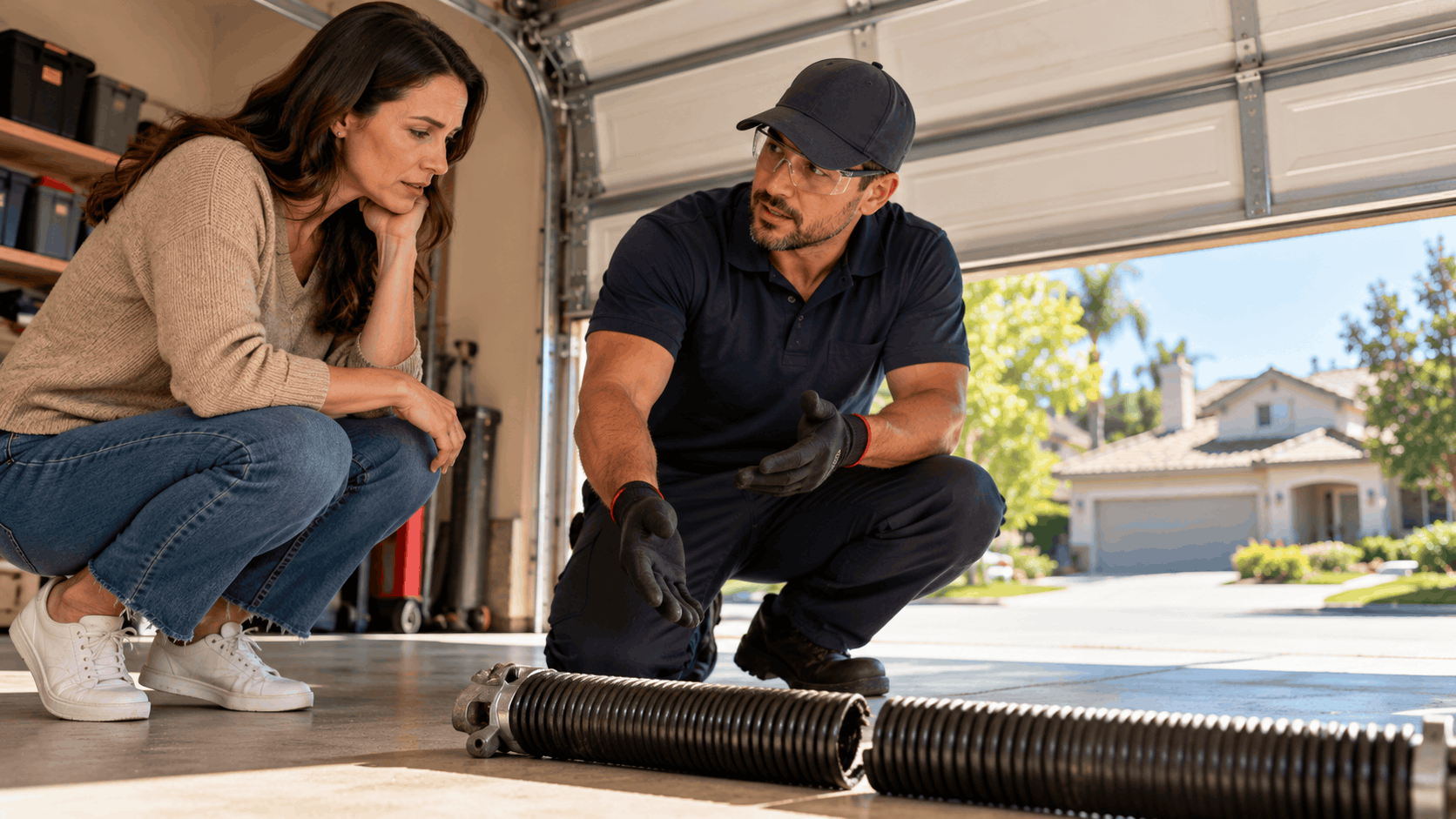 Technician showing homeowner broken garage door torsion springs on garage floor