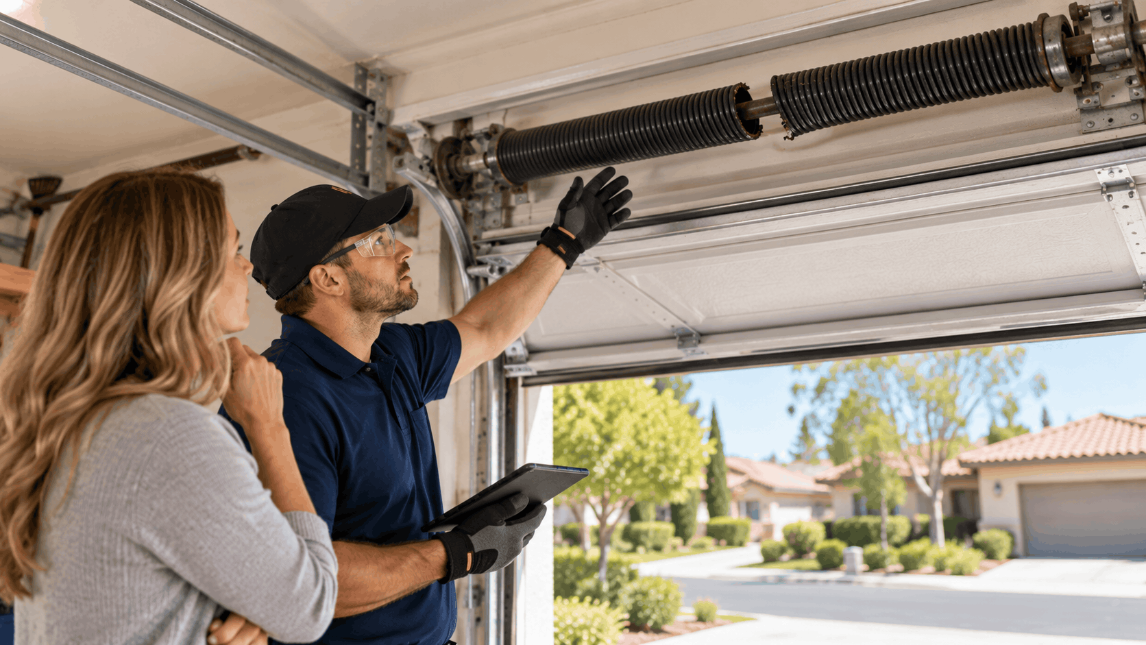 Garage door technician inspecting torsion springs with homeowner in Tustin garage