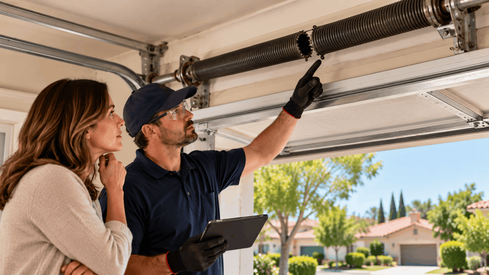 Garage door technician inspecting broken torsion spring with Irvine homeowner nearby