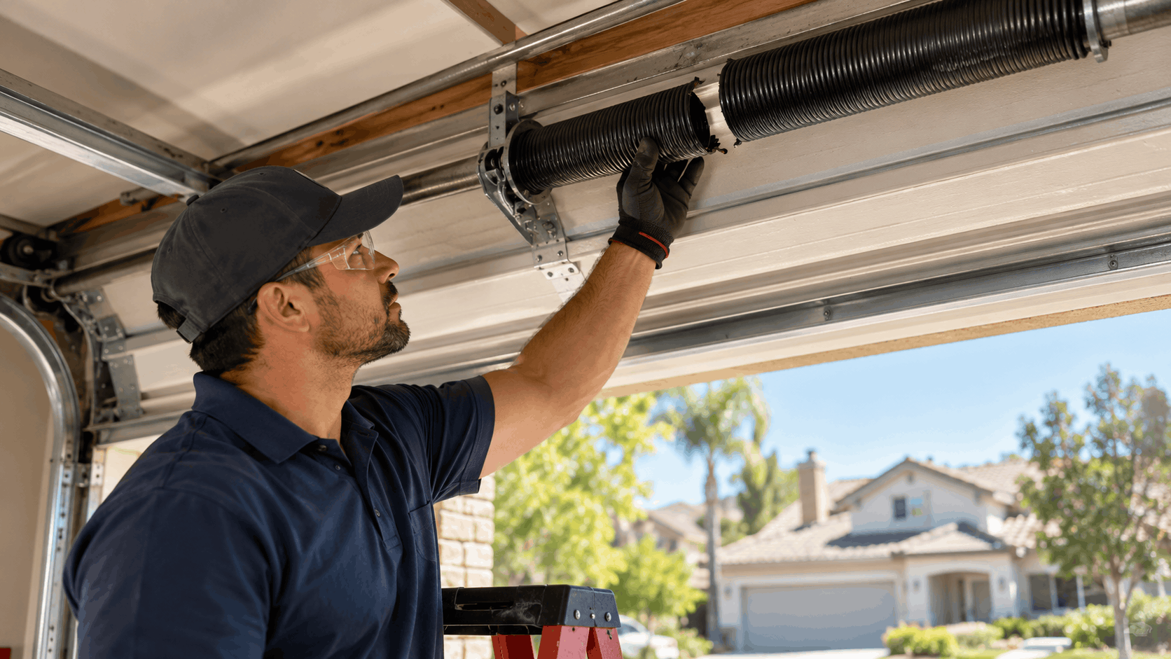 Licensed garage door technician repairing torsion springs on residential garage door in Irvine
