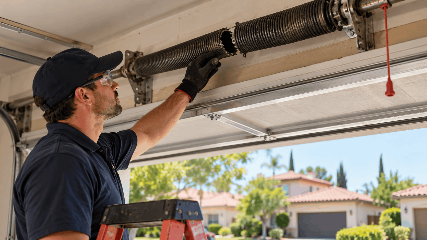 Garage door technician repairing broken torsion springs on residential garage door in Irvine