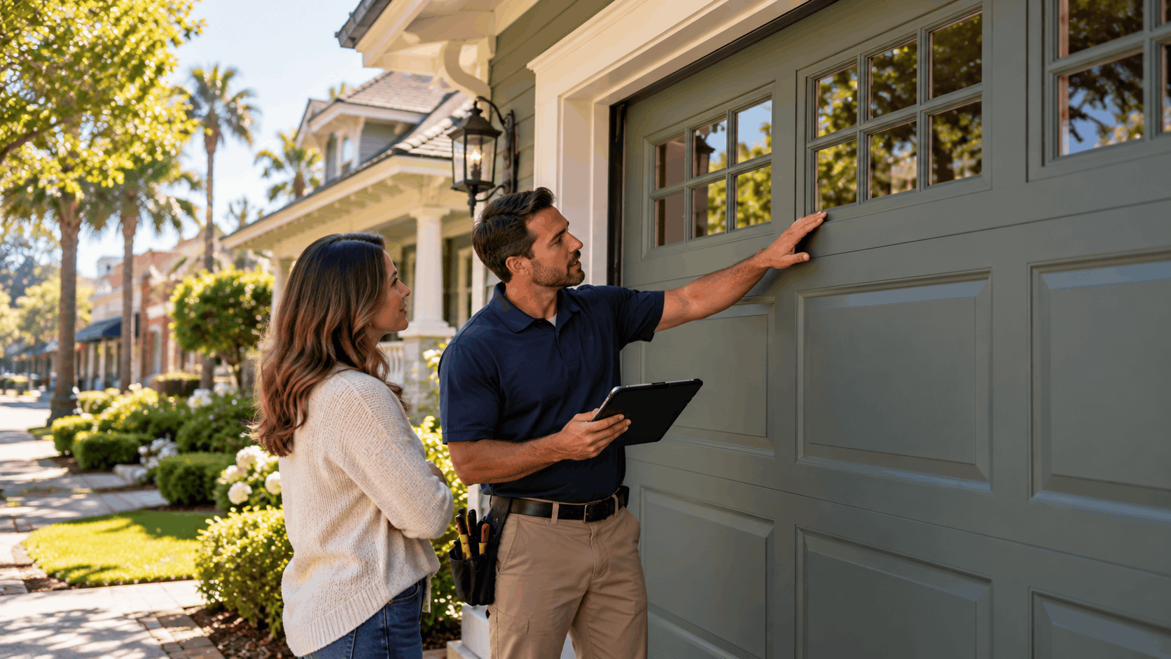 Garage door technician inspecting residential garage door with homeowner in Irvine