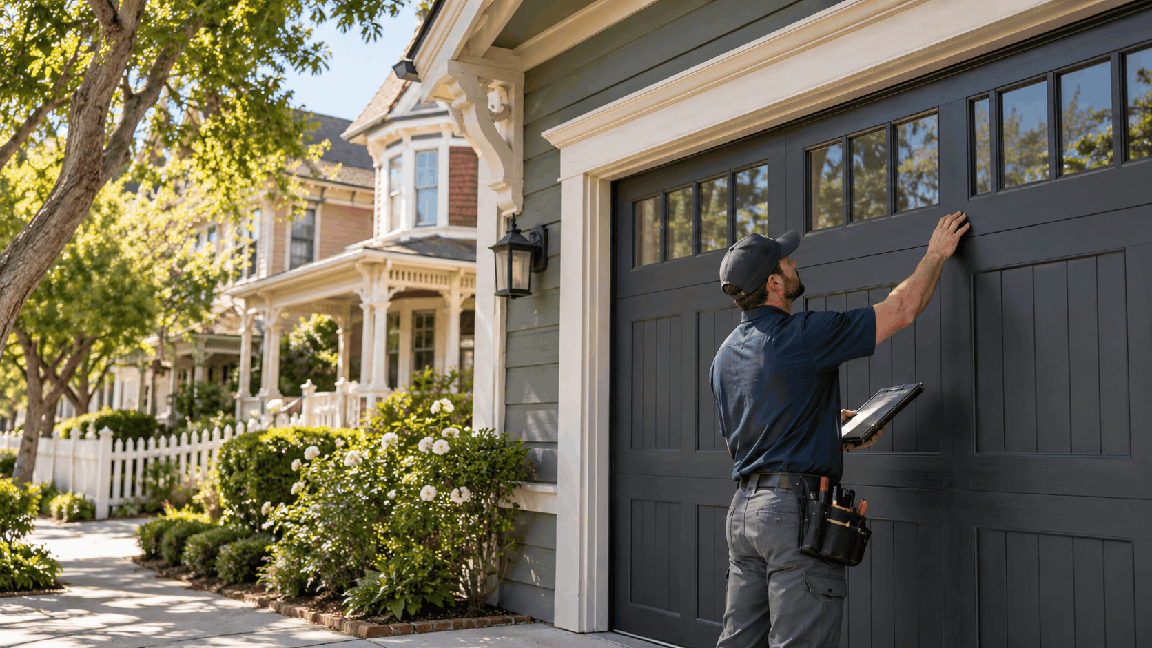 Garage door technician inspecting dark gray panel door on Irvine suburban home