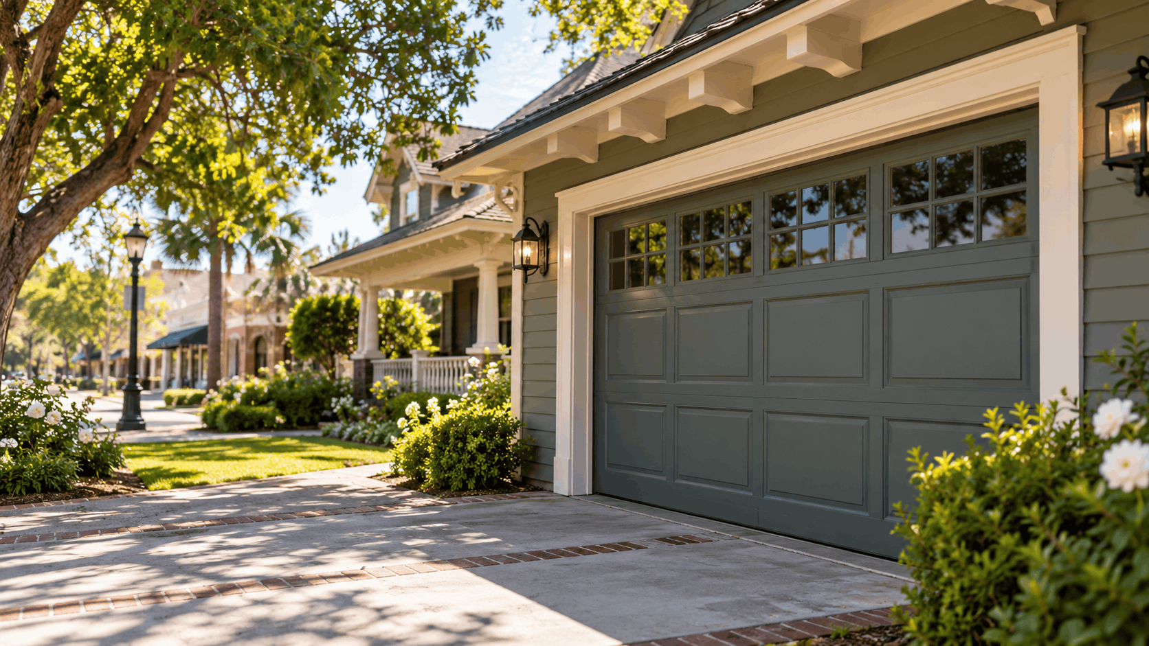 Craftsman-style gray garage door with windows on charming Irvine residential street