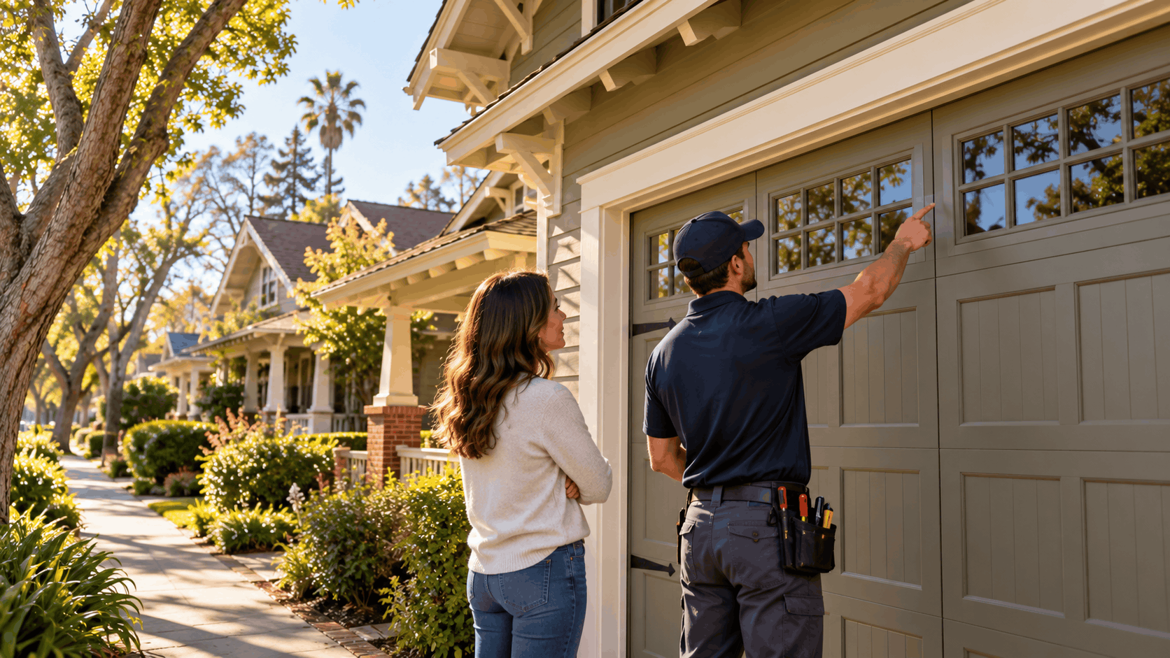 Garage door technician inspecting residential garage door with Irvine homeowner nearby